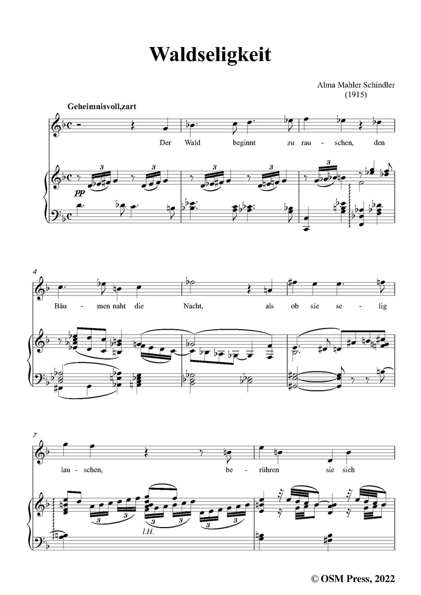 Alma Mahler Waldseligkeit,in d minor,for Voice and Piano Open Sheet Music