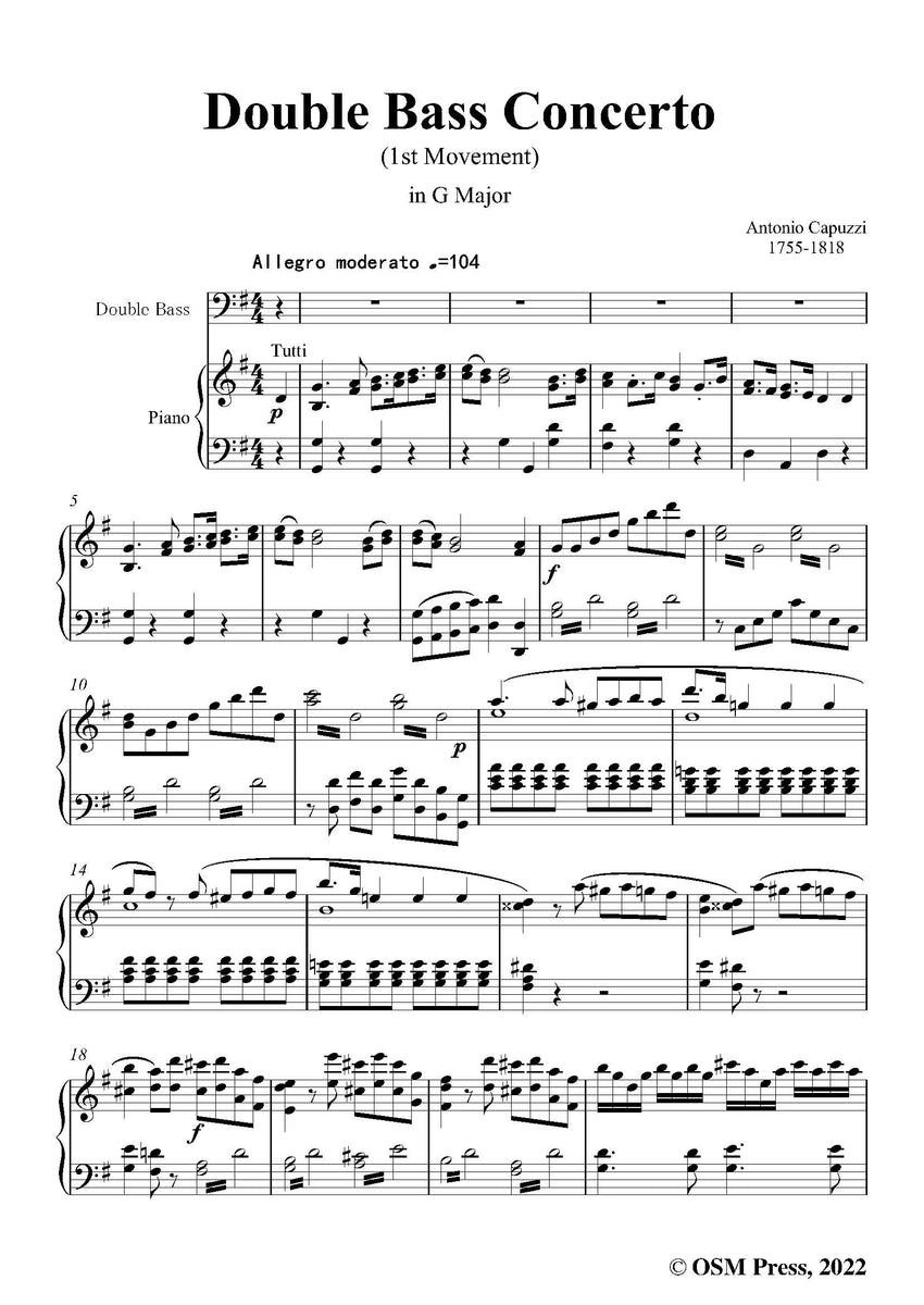 Capuzzi Double Bass Concerto(1st Movement),in G Major Open Sheet Music