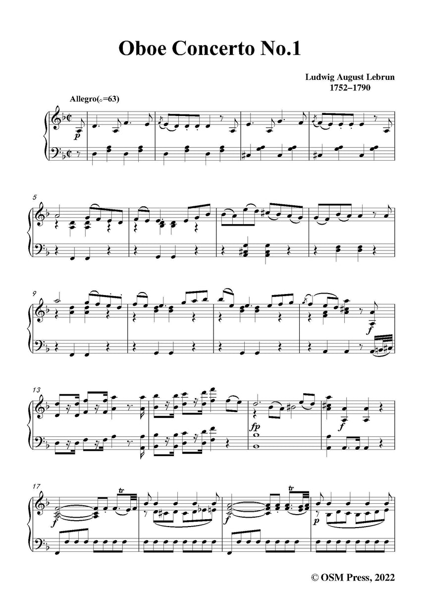 Lebrun Oboe Concerto No.1,in d minor,for Oboe and Piano Open Sheet Music