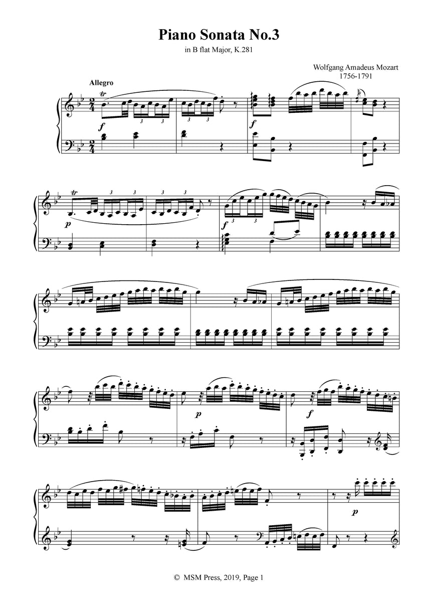 Sonata　–　B　No.3　Sheet　Mozart　flat　Music　Major,K.281　Open　Piano　in