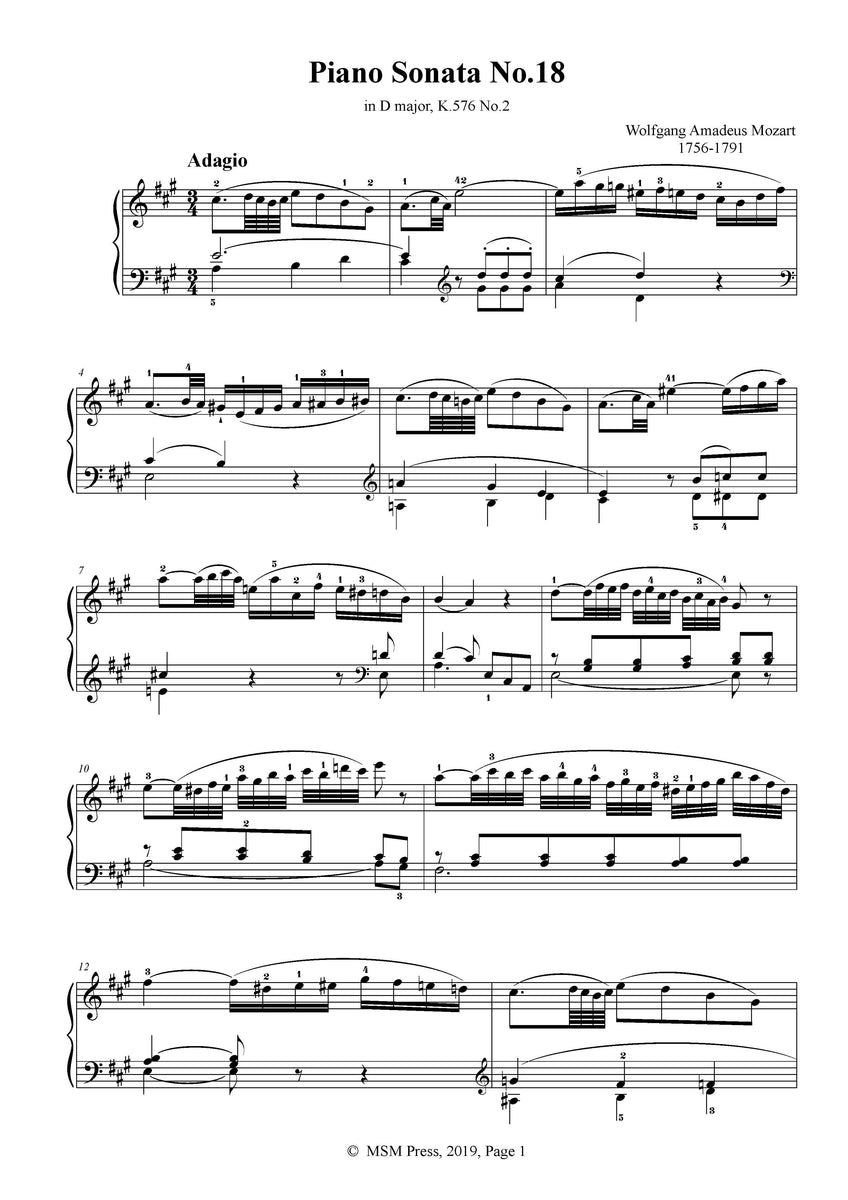 【MOZART】 Mozart Piano Sonata No.18 in D Major,K.576,No.2 – Open Sheet Music