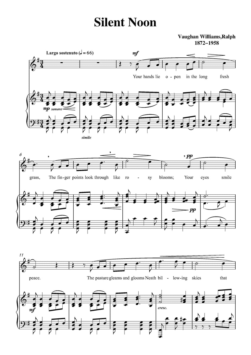 Vaughan Williams Silent Noon Open Sheet Music