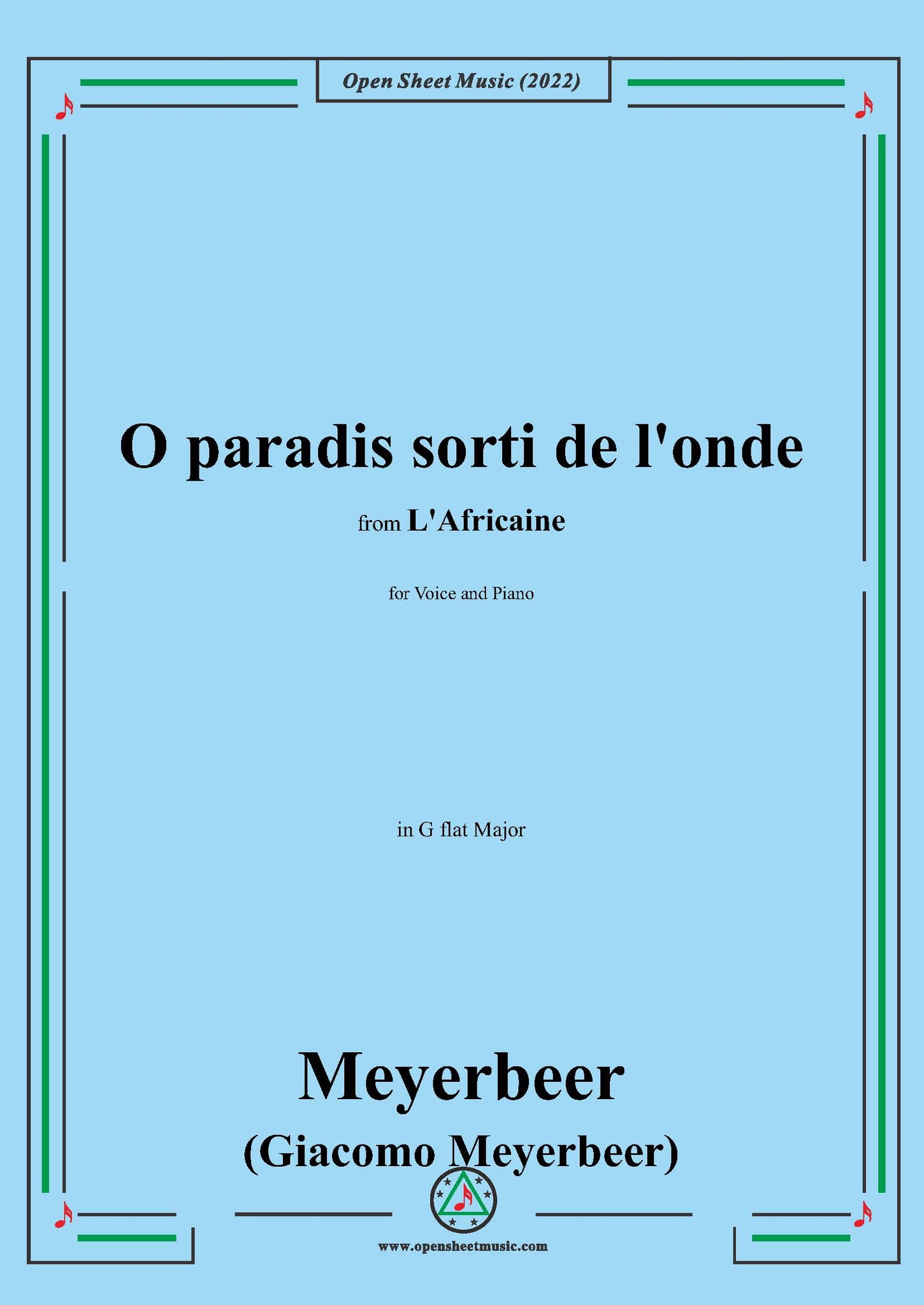 Meyerbeer O Paradis Sorti De L'Onde,In G Flat Major,From L'Africaine,F –  Open Sheet Music