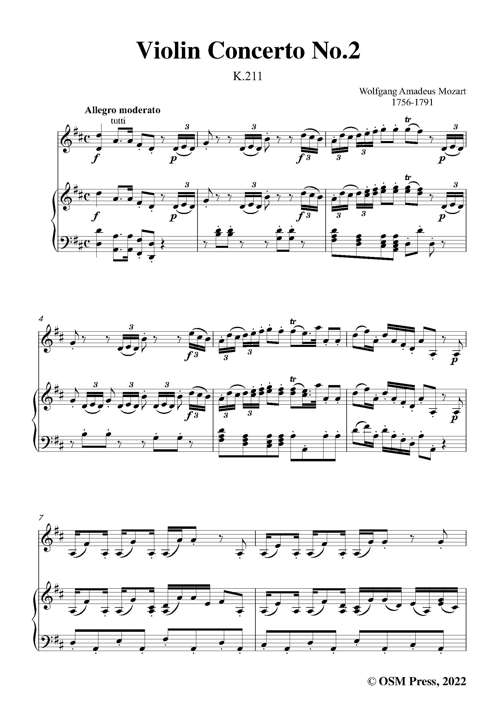 Mozart Violin Concerto No.2 in D Major,K.211,for Violin and Piano