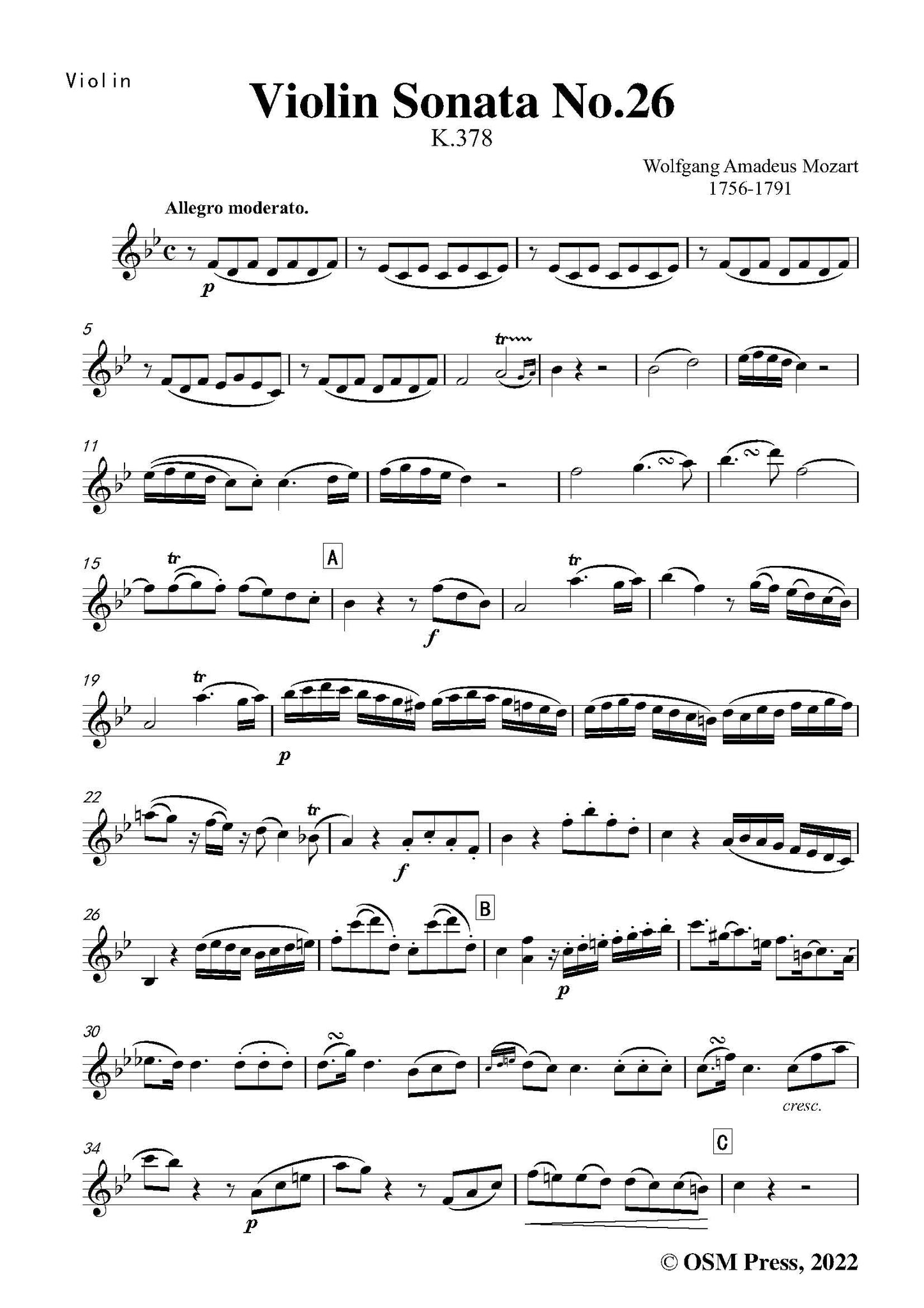 Mozart Violin Sonata No.26,in B flat Major – Open Sheet Music