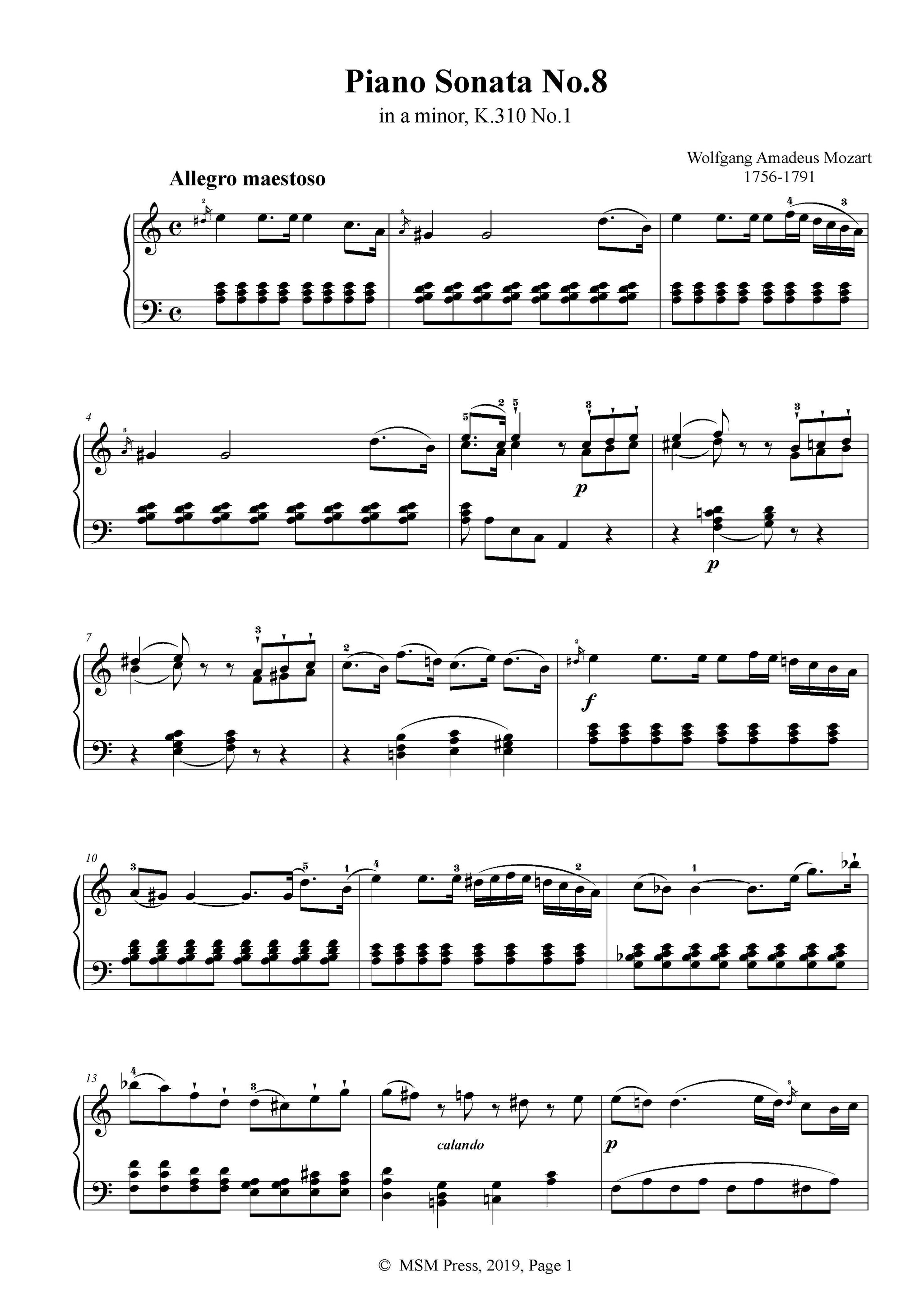 【MOZART】 Mozart Piano Sonata No.8 in a minor,K.310,No.1 – Open Sheet Music