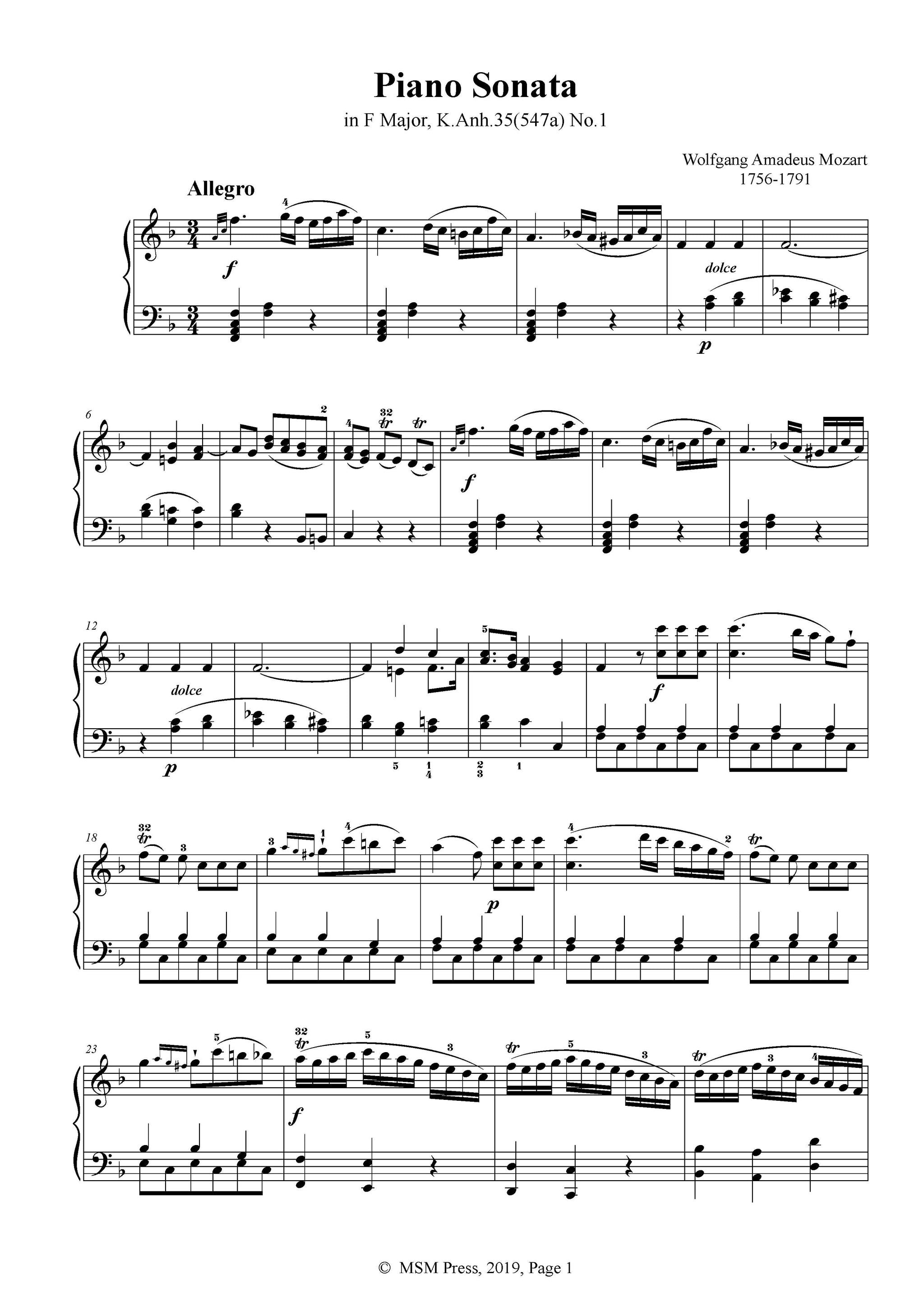 Mozart Piano Sonata in F Major,K.Anh.135(K.547a),No.1