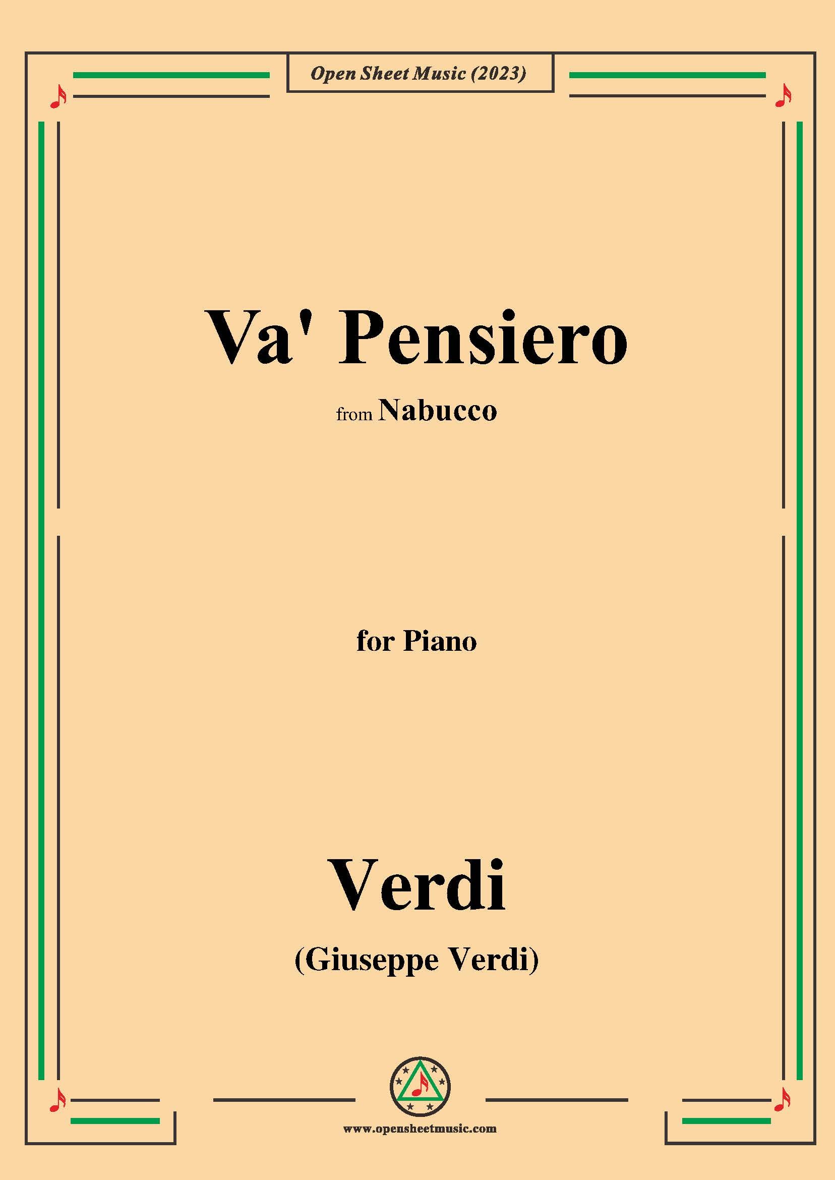 Verdi Va,Pensiero(Chorus of Hebrew Slaves),for Piano – Open Sheet 