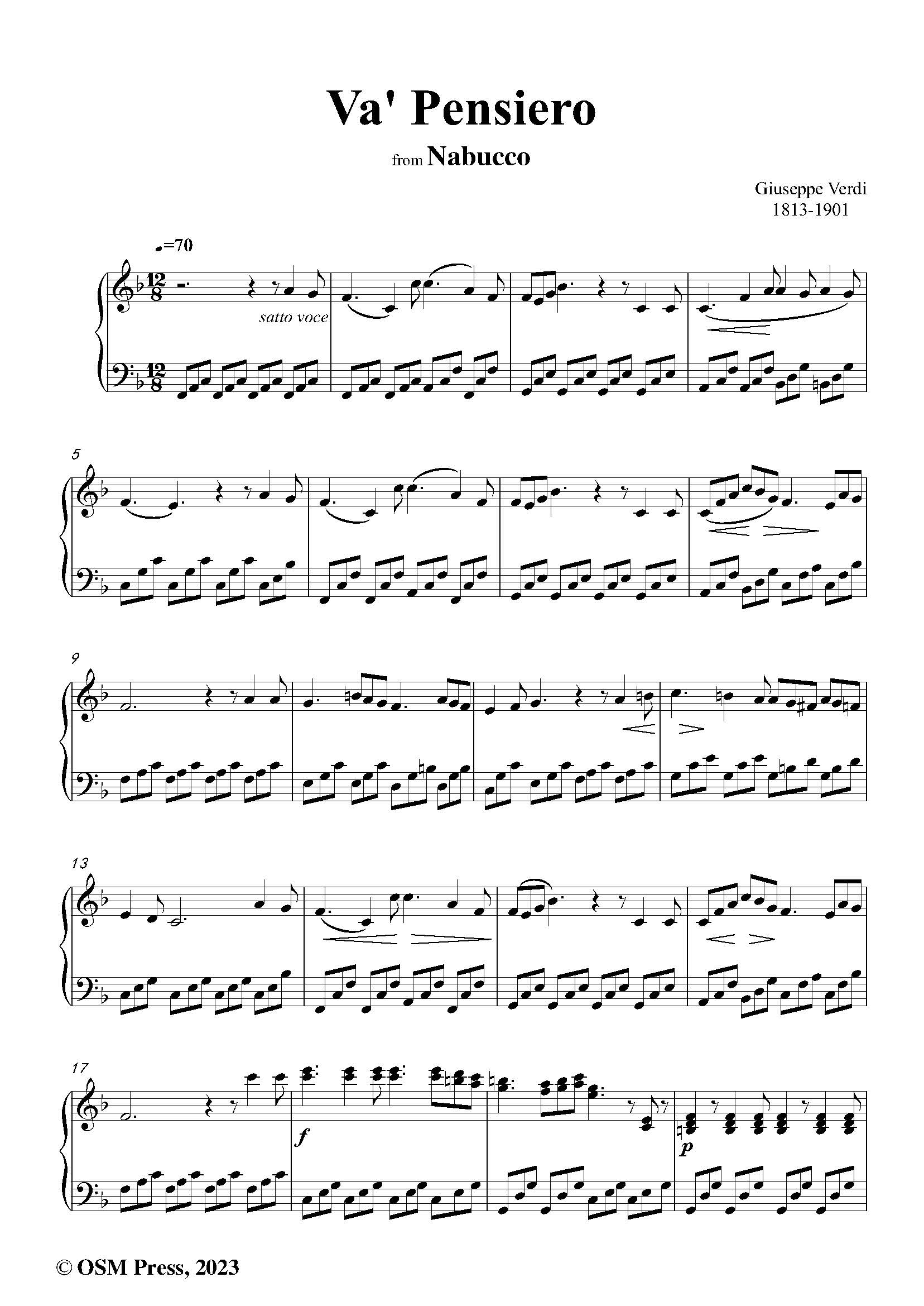 Verdi Va,Pensiero(Chorus of Hebrew Slaves),for Piano – Open Sheet 
